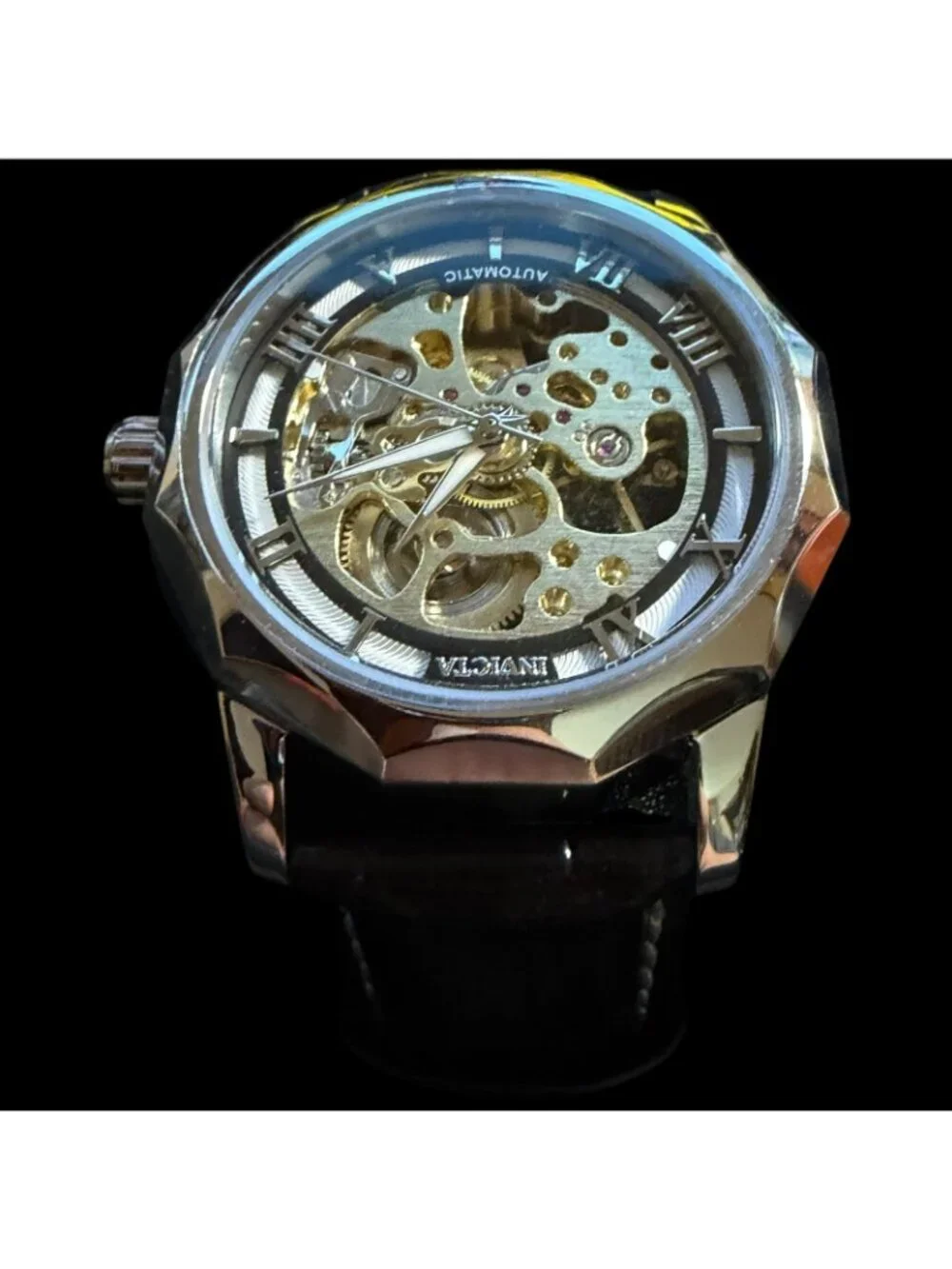Invicta Automatic Objet D Art 46mm Skeleton Watch Men's Black Leather Strap